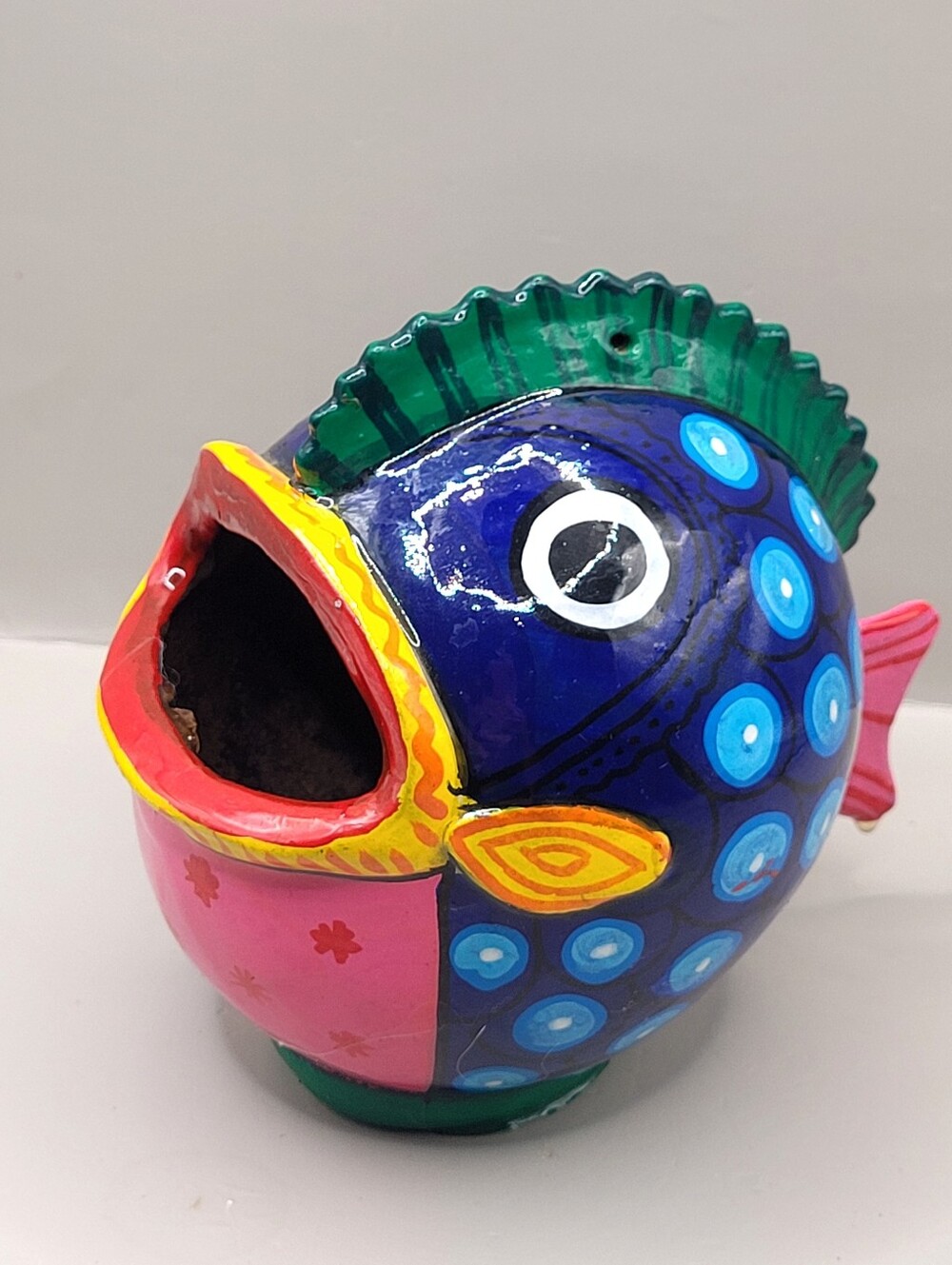 Vintage Hand Painted Folk Art Gourd Fish Open Mouth Toothpick Sponge Holder 5.5"